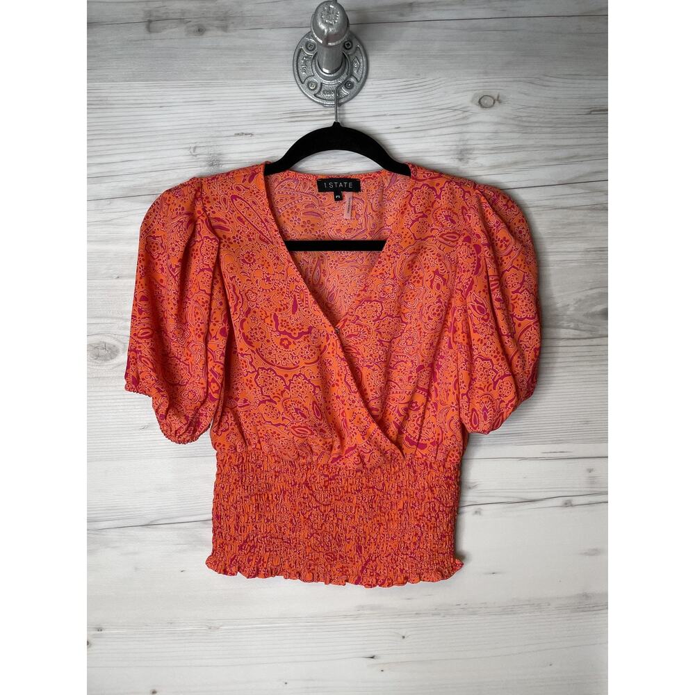 1.STATE Blouse Womens Petite Small Orange Paisley Smocked Puff Sleeve Crop Top